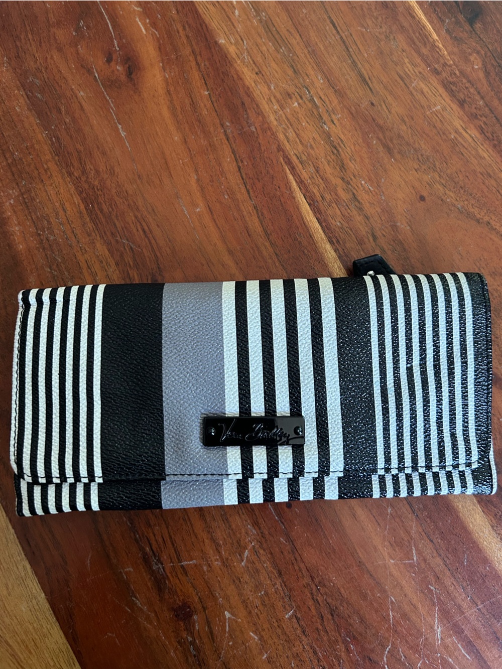 Vera Bradley trifold wallet in the Midnight Stripe black white grey